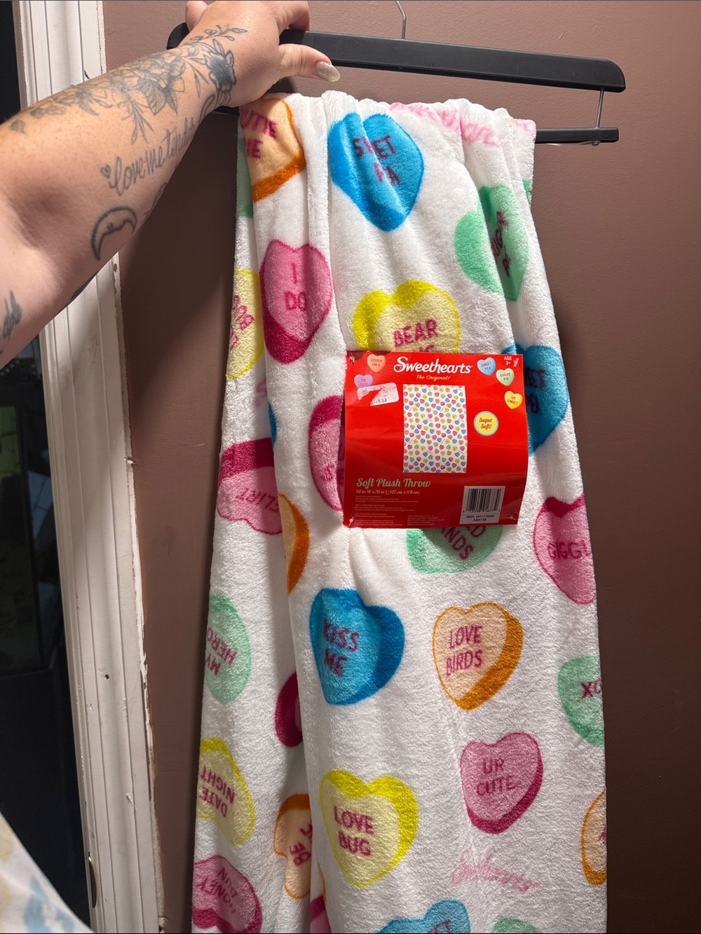 Sweethearts Plush Throw Blanket - White with Multi-Color Conversation Hearts